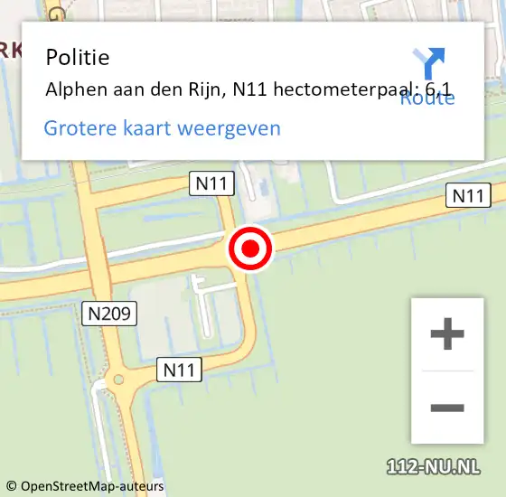 Locatie op kaart van de 112 melding: Politie Alphen aan den Rijn, N11 hectometerpaal: 6,1 op 3 februari 2024 15:13