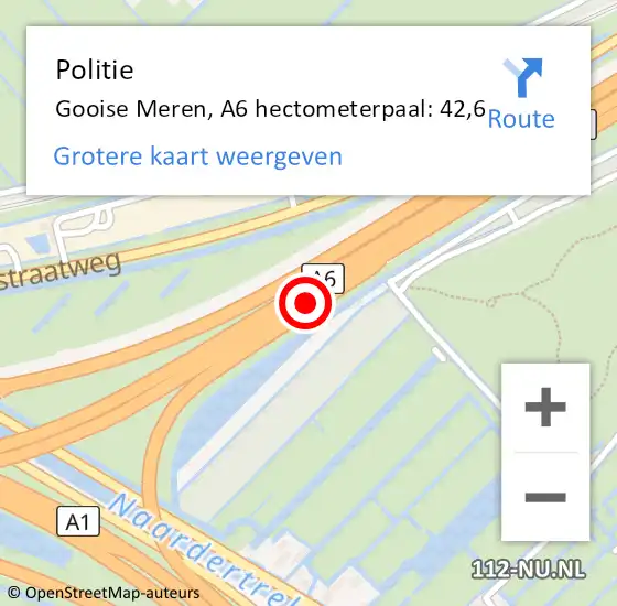 Locatie op kaart van de 112 melding: Politie Gooise Meren, A6 hectometerpaal: 42,6 op 3 februari 2024 17:03