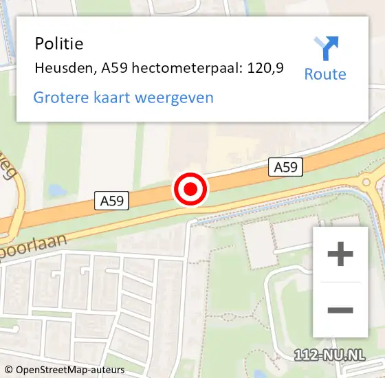 Locatie op kaart van de 112 melding: Politie Heusden, A59 hectometerpaal: 120,9 op 3 februari 2024 19:34