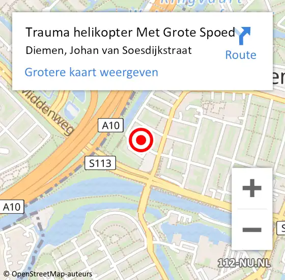 Locatie op kaart van de 112 melding: Trauma helikopter Met Grote Spoed Naar Diemen, Johan van Soesdijkstraat op 3 februari 2024 19:36