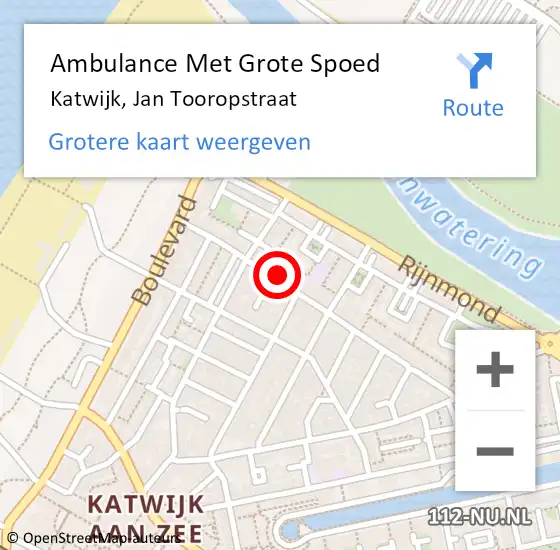 Locatie op kaart van de 112 melding: Ambulance Met Grote Spoed Naar Katwijk, Jan Tooropstraat op 3 februari 2024 19:41