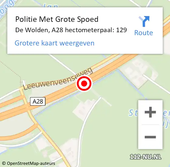 Locatie op kaart van de 112 melding: Politie Met Grote Spoed Naar De Wolden, A28 hectometerpaal: 129 op 3 februari 2024 20:10