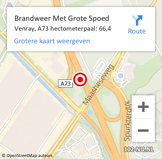 Locatie op kaart van de 112 melding: Brandweer Met Grote Spoed Naar Venray, A73 hectometerpaal: 66,4 op 4 februari 2024 01:38