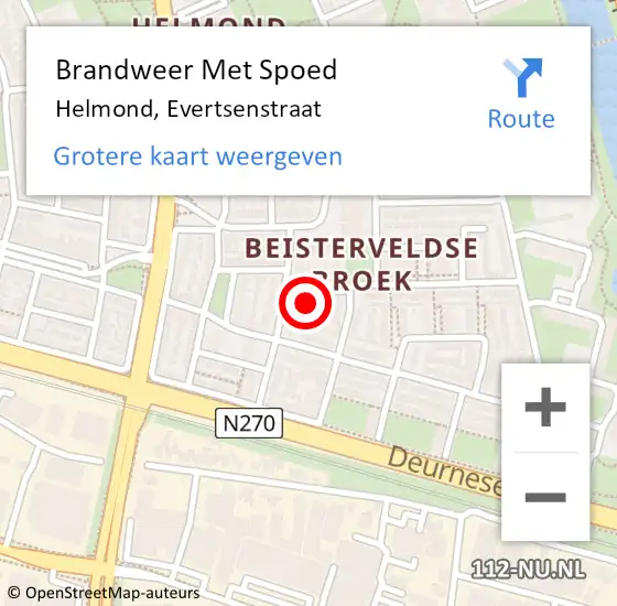 Locatie op kaart van de 112 melding: Brandweer Met Spoed Naar Helmond, Evertsenstraat op 4 februari 2024 07:08