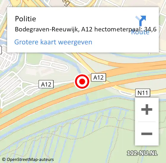 Locatie op kaart van de 112 melding: Politie Bodegraven-Reeuwijk, A12 hectometerpaal: 34,6 op 4 februari 2024 07:20