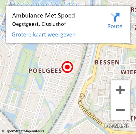 Locatie op kaart van de 112 melding: Ambulance Met Spoed Naar Oegstgeest, Clusiushof op 4 februari 2024 10:02