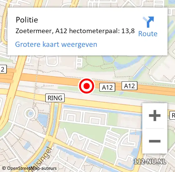 Locatie op kaart van de 112 melding: Politie Zoetermeer, A12 hectometerpaal: 13,8 op 4 februari 2024 13:13