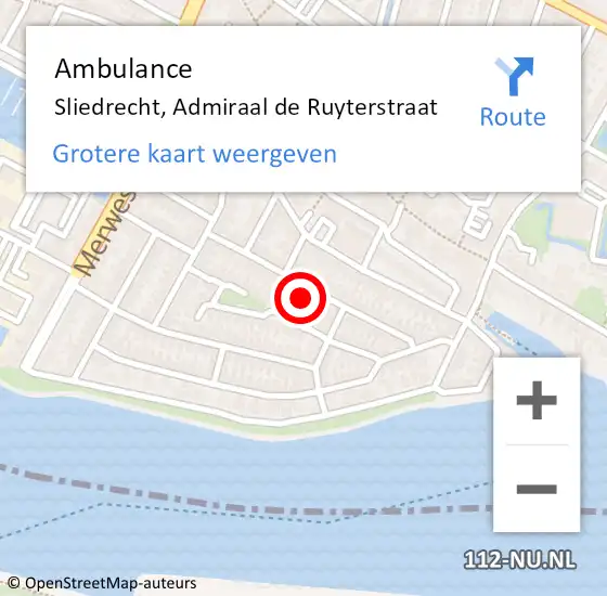 Locatie op kaart van de 112 melding: Ambulance Sliedrecht, Admiraal de Ruyterstraat op 4 februari 2024 15:52