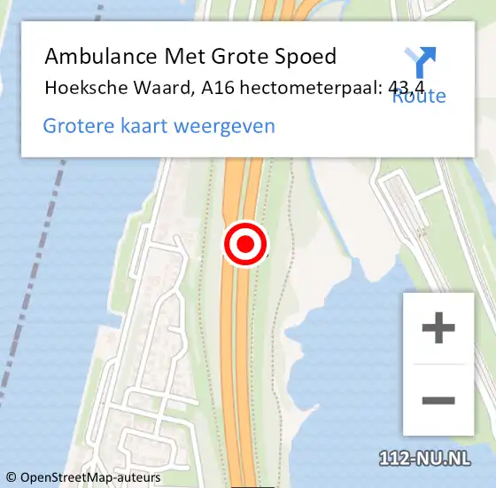 Locatie op kaart van de 112 melding: Ambulance Met Grote Spoed Naar Hoeksche Waard, A16 hectometerpaal: 43,4 op 4 februari 2024 16:52