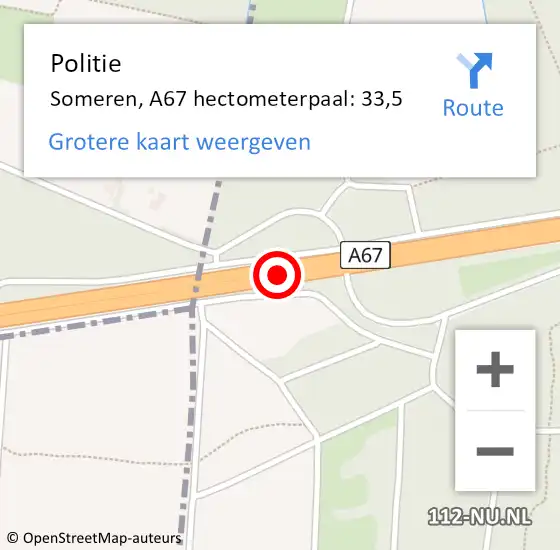 Locatie op kaart van de 112 melding: Politie Someren, A67 hectometerpaal: 33,5 op 5 februari 2024 00:43