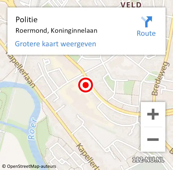 Locatie op kaart van de 112 melding: Politie Roermond, Koninginnelaan op 5 februari 2024 05:17