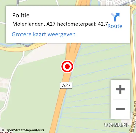 Locatie op kaart van de 112 melding: Politie Molenlanden, A27 hectometerpaal: 42,7 op 5 februari 2024 07:01