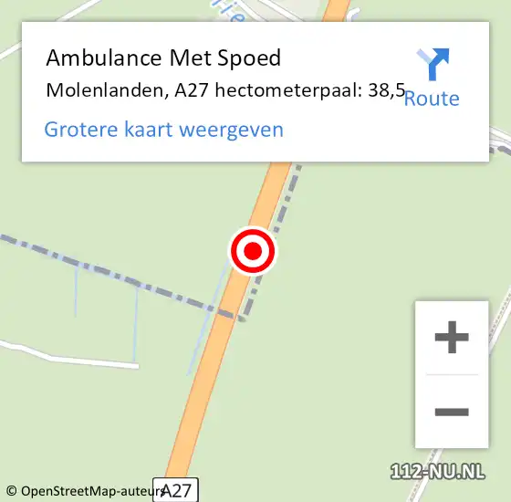 Locatie op kaart van de 112 melding: Ambulance Met Spoed Naar Molenlanden, A27 hectometerpaal: 38,5 op 5 februari 2024 08:08