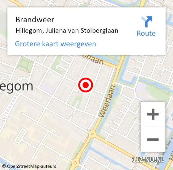 Locatie op kaart van de 112 melding: Brandweer Hillegom, Juliana van Stolberglaan op 5 februari 2024 08:42