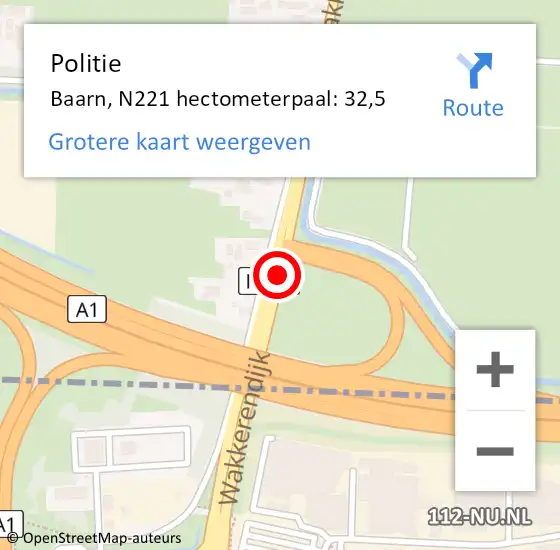 Locatie op kaart van de 112 melding: Politie Baarn, N221 hectometerpaal: 32,5 op 5 februari 2024 09:13