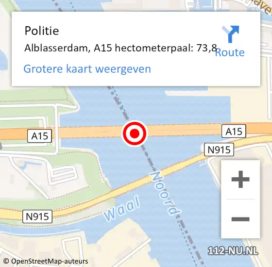 Locatie op kaart van de 112 melding: Politie Alblasserdam, A15 hectometerpaal: 73,8 op 5 februari 2024 12:27