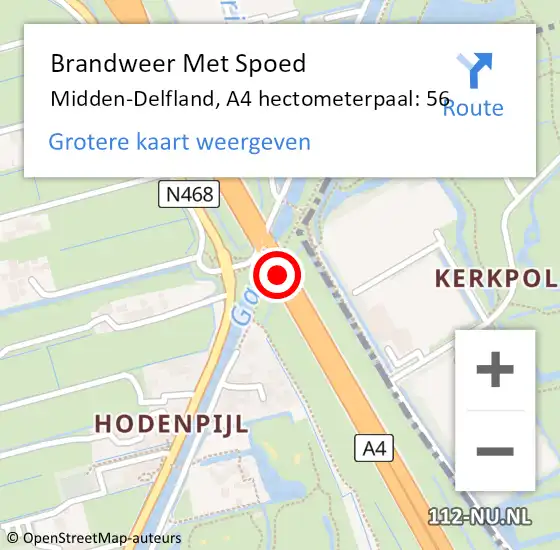 Locatie op kaart van de 112 melding: Brandweer Met Spoed Naar Midden-Delfland, A4 hectometerpaal: 56 op 5 februari 2024 12:39