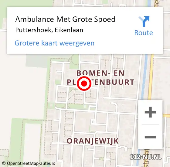 Locatie op kaart van de 112 melding: Ambulance Met Grote Spoed Naar Puttershoek, Eikenlaan op 5 februari 2024 14:14