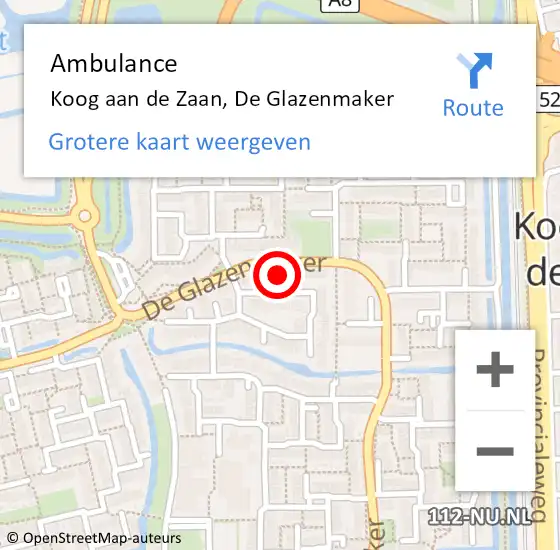 Locatie op kaart van de 112 melding: Ambulance Koog aan de Zaan, De Glazenmaker op 5 februari 2024 14:23