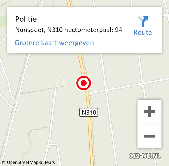 Locatie op kaart van de 112 melding: Politie Nunspeet, N310 hectometerpaal: 94 op 5 februari 2024 15:01