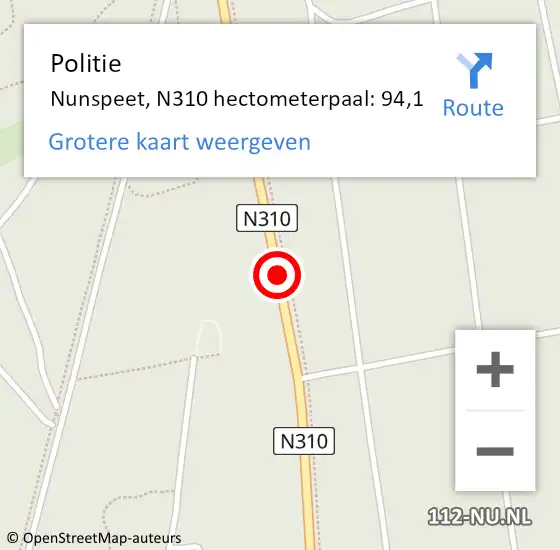 Locatie op kaart van de 112 melding: Politie Nunspeet, N310 hectometerpaal: 94,1 op 5 februari 2024 15:13