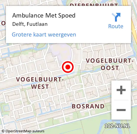 Locatie op kaart van de 112 melding: Ambulance Met Spoed Naar Delft, Fuutlaan op 5 februari 2024 15:16