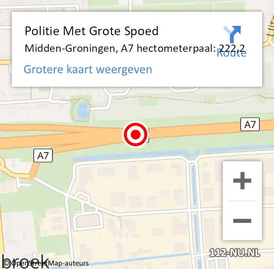Locatie op kaart van de 112 melding: Politie Met Grote Spoed Naar Midden-Groningen, A7 hectometerpaal: 222,2 op 5 februari 2024 15:33
