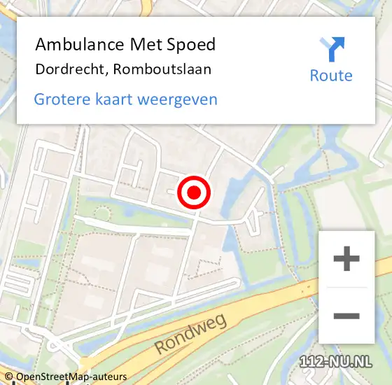 Locatie op kaart van de 112 melding: Ambulance Met Spoed Naar Dordrecht, Romboutslaan op 5 februari 2024 15:55