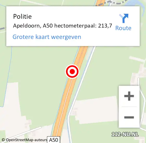 Locatie op kaart van de 112 melding: Politie Apeldoorn, A50 hectometerpaal: 213,7 op 5 februari 2024 16:55