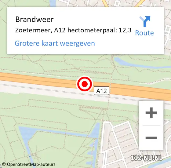 Locatie op kaart van de 112 melding: Brandweer Zoetermeer, A12 hectometerpaal: 12,3 op 5 februari 2024 17:26