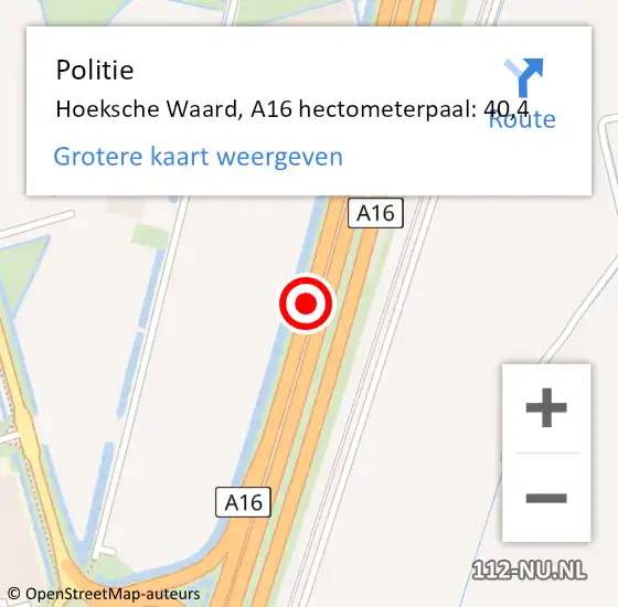 Locatie op kaart van de 112 melding: Politie Hoeksche Waard, A16 hectometerpaal: 40,4 op 5 februari 2024 19:09