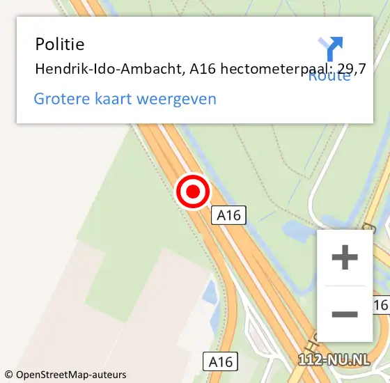 Locatie op kaart van de 112 melding: Politie Hendrik-Ido-Ambacht, A16 hectometerpaal: 29,7 op 5 februari 2024 19:09