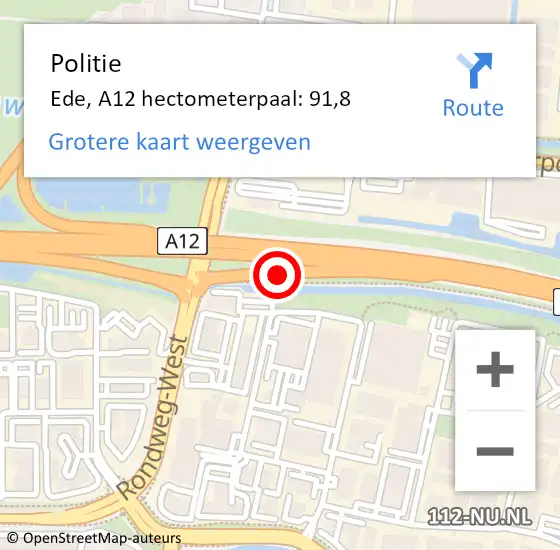 Locatie op kaart van de 112 melding: Politie Ede, A12 hectometerpaal: 91,8 op 5 februari 2024 20:42