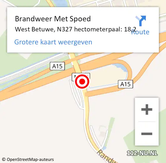 Locatie op kaart van de 112 melding: Brandweer Met Spoed Naar West Betuwe, N327 hectometerpaal: 18,2 op 5 februari 2024 21:11