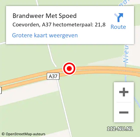 Locatie op kaart van de 112 melding: Brandweer Met Spoed Naar Coevorden, A37 hectometerpaal: 21,8 op 5 februari 2024 21:20
