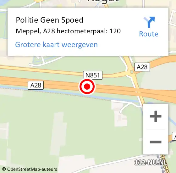 Locatie op kaart van de 112 melding: Politie Geen Spoed Naar Meppel, A28 hectometerpaal: 120 op 5 februari 2024 21:48