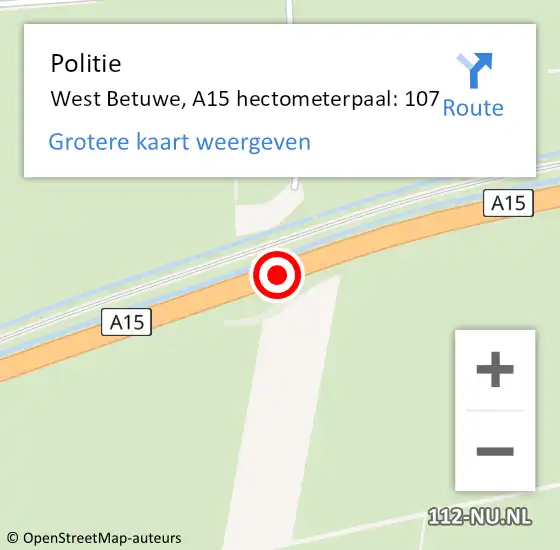 Locatie op kaart van de 112 melding: Politie West Betuwe, A15 hectometerpaal: 107 op 5 februari 2024 22:01