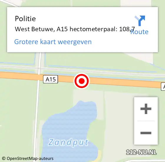 Locatie op kaart van de 112 melding: Politie West Betuwe, A15 hectometerpaal: 108,7 op 5 februari 2024 22:04