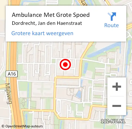 Locatie op kaart van de 112 melding: Ambulance Met Grote Spoed Naar Dordrecht, Jan den Haenstraat op 5 februari 2024 22:20
