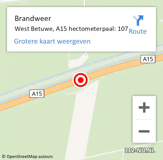 Locatie op kaart van de 112 melding: Brandweer West Betuwe, A15 hectometerpaal: 107 op 5 februari 2024 22:21