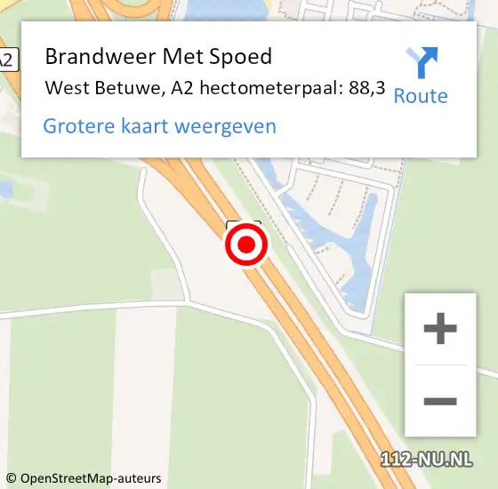 Locatie op kaart van de 112 melding: Brandweer Met Spoed Naar West Betuwe, A2 hectometerpaal: 88,3 op 5 februari 2024 22:35