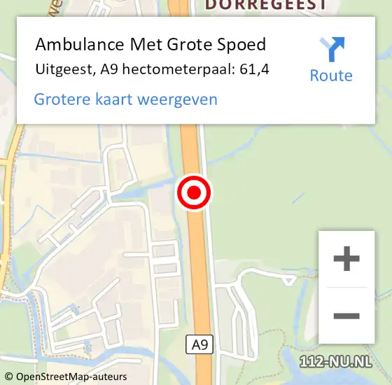 Locatie op kaart van de 112 melding: Ambulance Met Grote Spoed Naar Uitgeest, A9 hectometerpaal: 61,4 op 5 februari 2024 23:06