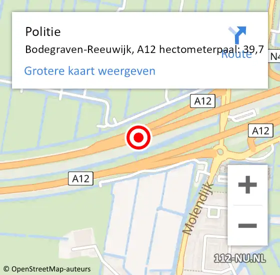 Locatie op kaart van de 112 melding: Politie Bodegraven-Reeuwijk, A12 hectometerpaal: 39,7 op 6 februari 2024 00:07