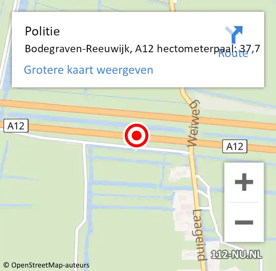 Locatie op kaart van de 112 melding: Politie Bodegraven-Reeuwijk, A12 hectometerpaal: 37,7 op 6 februari 2024 02:25