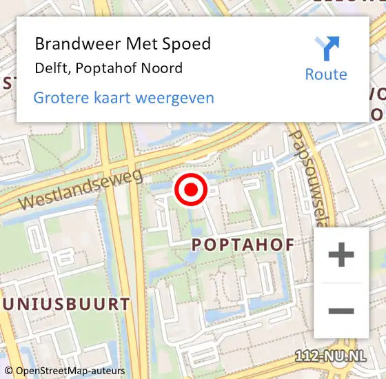 Locatie op kaart van de 112 melding: Brandweer Met Spoed Naar Delft, Poptahof Noord op 6 februari 2024 06:40