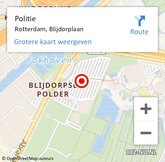 Locatie op kaart van de 112 melding: Politie Rotterdam, Blijdorplaan op 6 februari 2024 07:46