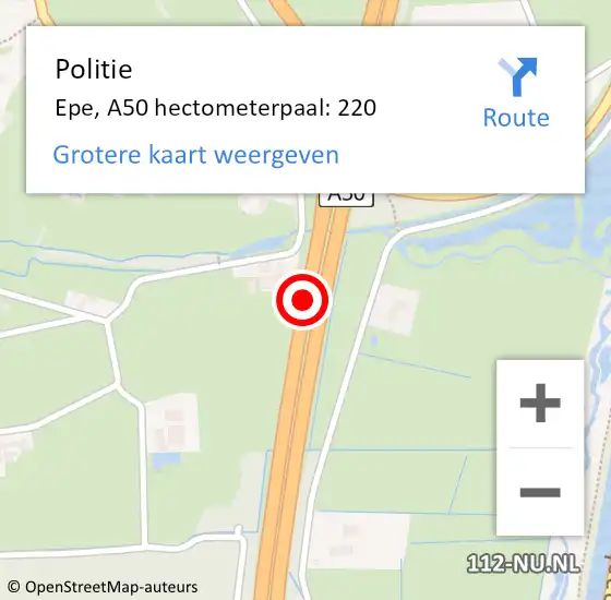 Locatie op kaart van de 112 melding: Politie Epe, A50 hectometerpaal: 220 op 6 februari 2024 08:37