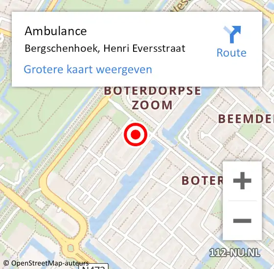 Locatie op kaart van de 112 melding: Ambulance Bergschenhoek, Henri Eversstraat op 6 februari 2024 11:56