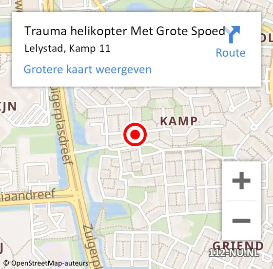 Locatie op kaart van de 112 melding: Trauma helikopter Met Grote Spoed Naar Lelystad, Kamp 11 op 6 februari 2024 12:28