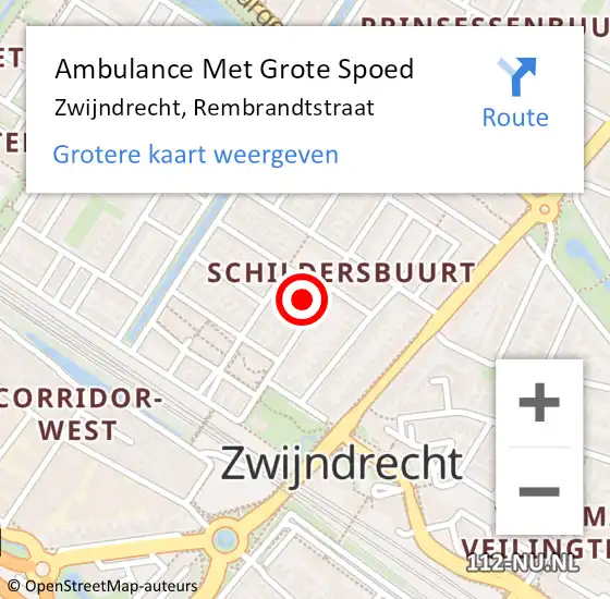 Locatie op kaart van de 112 melding: Ambulance Met Grote Spoed Naar Zwijndrecht, Rembrandtstraat op 6 februari 2024 13:03